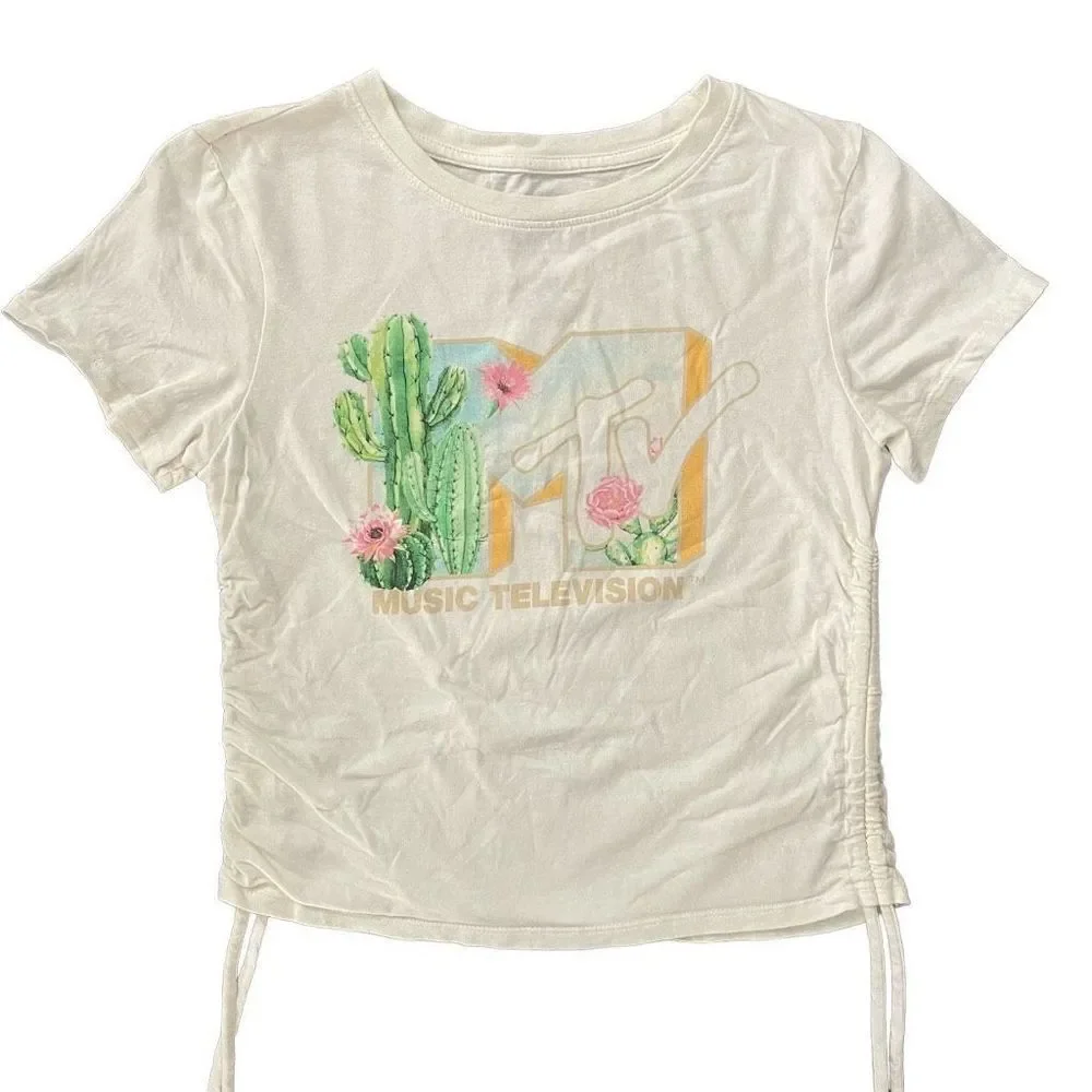 MTV Floral Cactus Desert Ruched Sides Graphic Short Sleeve Tee Small